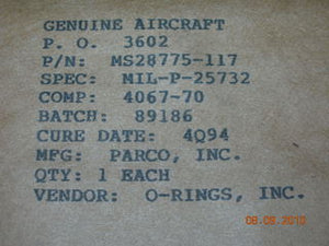 O-ring, Hydraulic - 3/32" Width - 13/16" ID - 1" OD