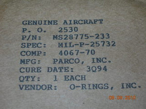 O-ring, Hydraulic - 1/8" Width - 2 7/8" ID - 3 1/8" OD